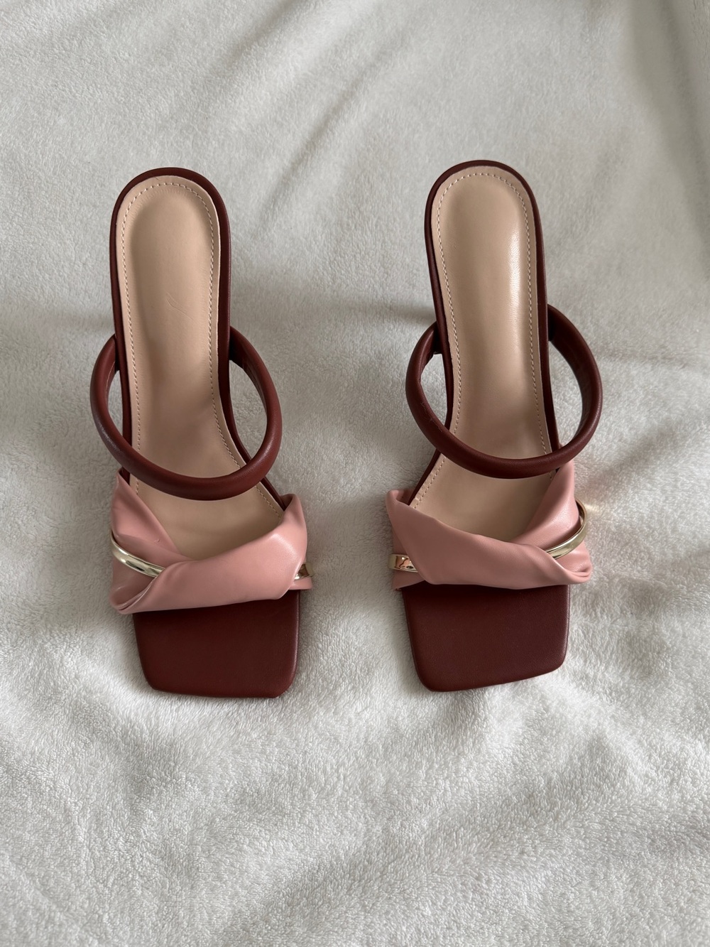 SHEIN Pink & Brown Twisted Strap Square-Toe Slide Heels
